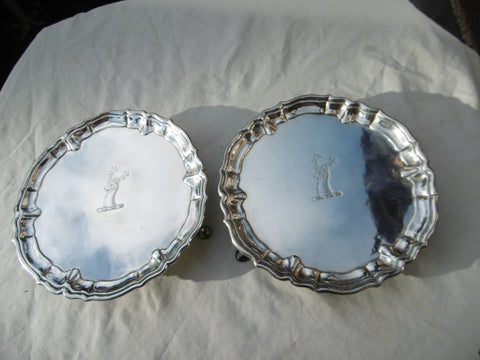 1735 fine pair of George 11 silver waiters by John Tuite 456 grams lovely Stag crest