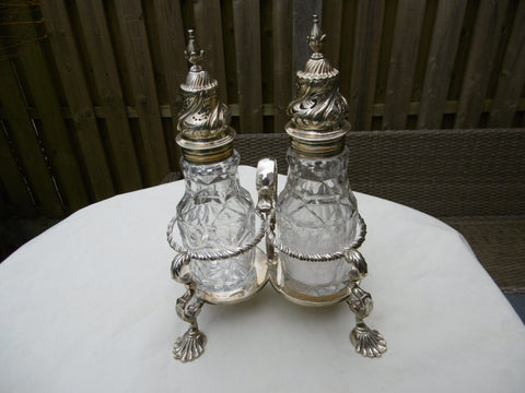 1766 fine large Georgian 2 bottle cruet set by R Peaston 610 grams silver