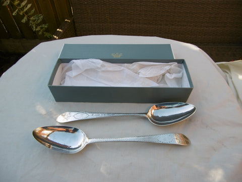 1792 fine pair of Georgian Irish Bright cut star tablespoons in a box