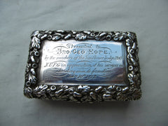 1840 fine Nathaniel Mills snuff box with historic Oddfellows inscription for Hexham 135g