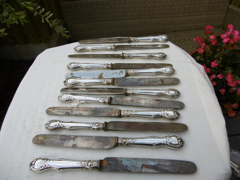 1840 fine set of 12 solid silver knives by Aaron Hadfield original blades 28cms long